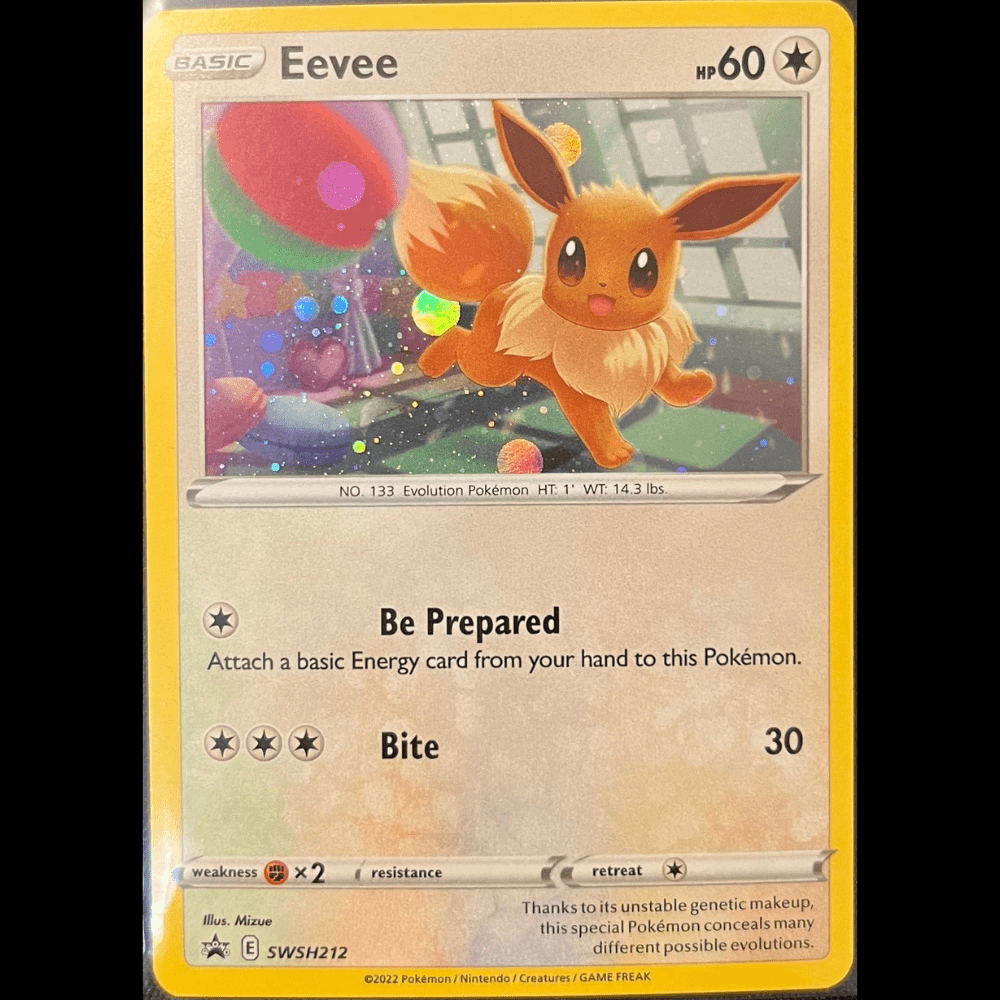 Eevee Pokémon card with 60 HP featuring moves Be Prepared and Bite, colorful background, holographic sparkles
