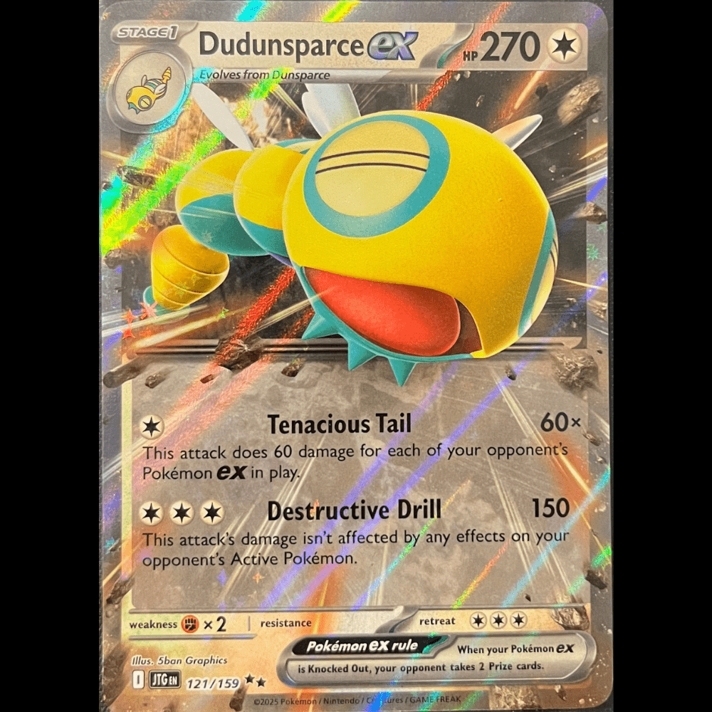 Dudunsparce ex Pokémon card with 270 HP, featuring a yellow and blue snake-like creature with a red mouth
