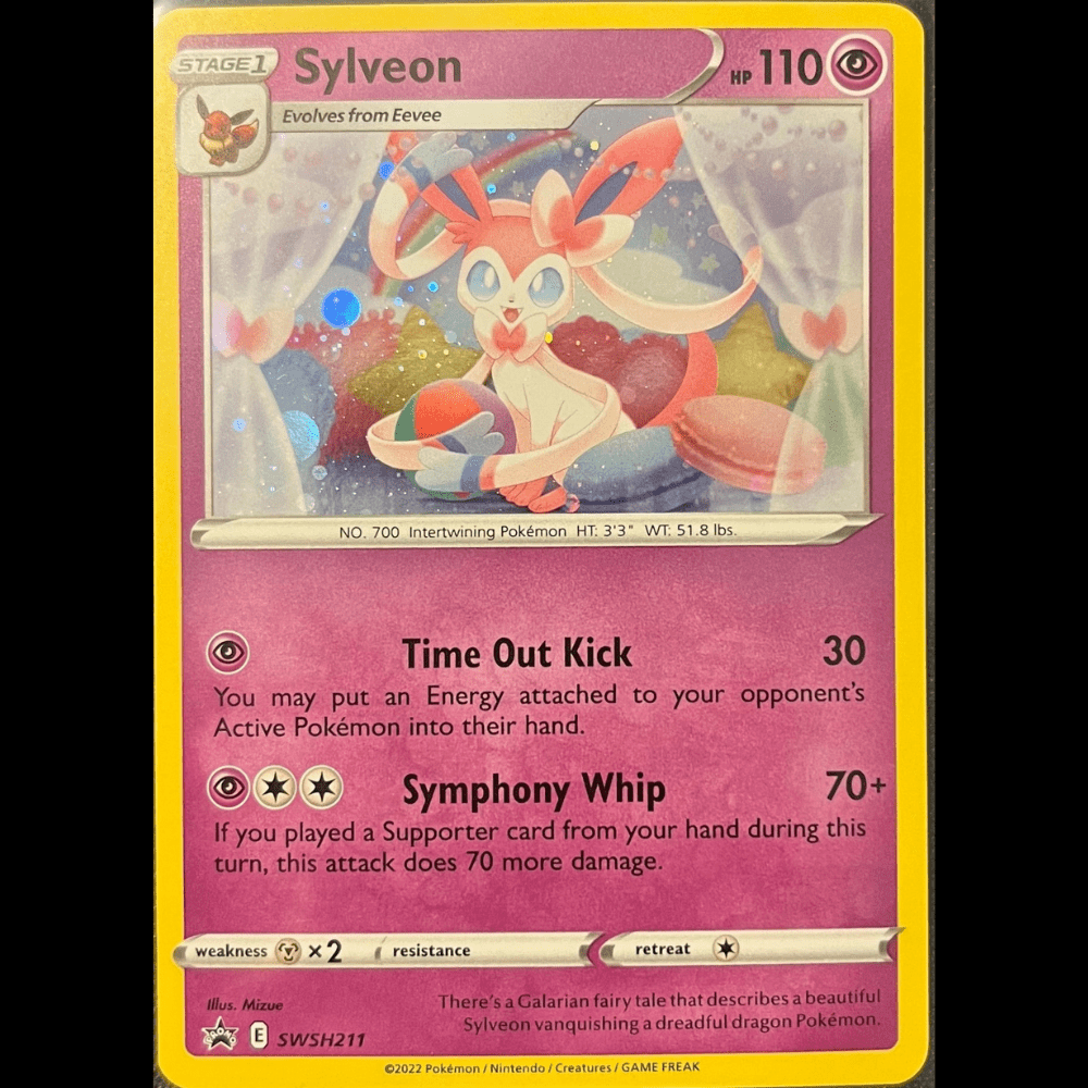 Pokémon card featuring Sylveon, Stage 1 Psychic type with 110 HP, colorful background and attack details